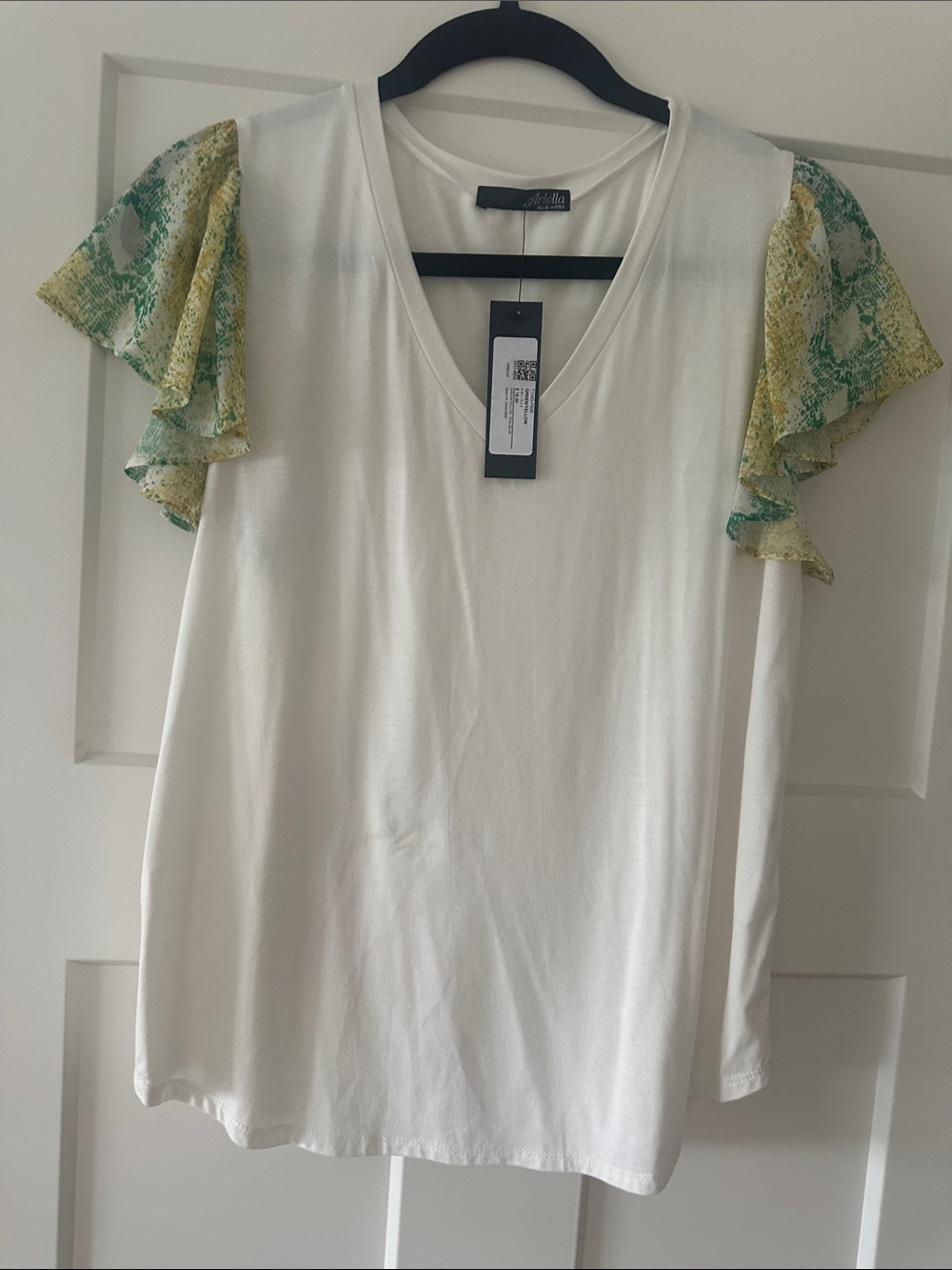Ariella White Top with Green and Yellow Ruffle Sleeves